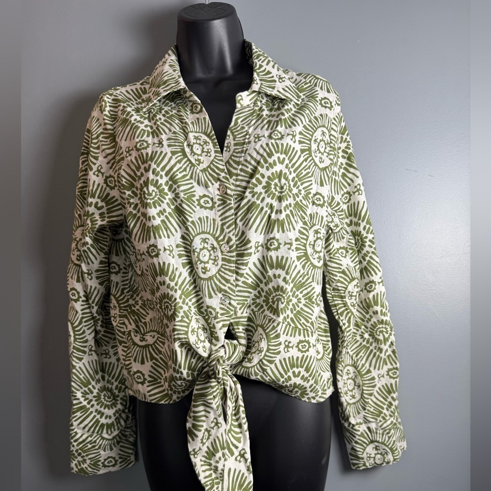 Haute Hippie Linen Blend Front Tie Blouse Womens Sz L 20" PTP Cream & Green